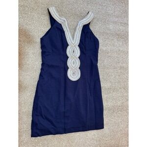 Lilly Pulitzer Valli Shift Dress True Navy Blue Gold Silver Women's Size 4